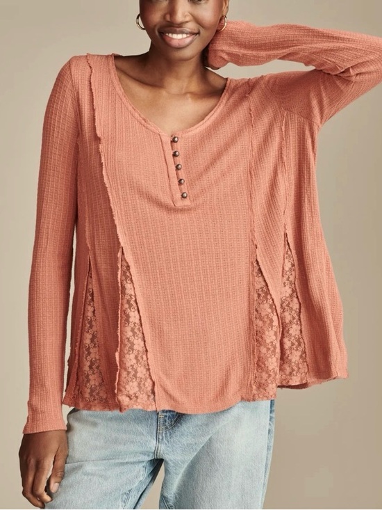 Lucky Brand Tops - Lucky Brand Women's Henley Lace Godet Swing Top Size L Coral  Linen Blend NWT